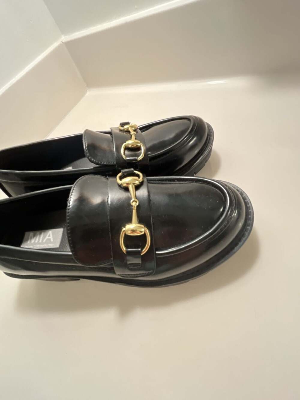 MIA Lug Sole Loafers Size 6 Black Horsebit Patent